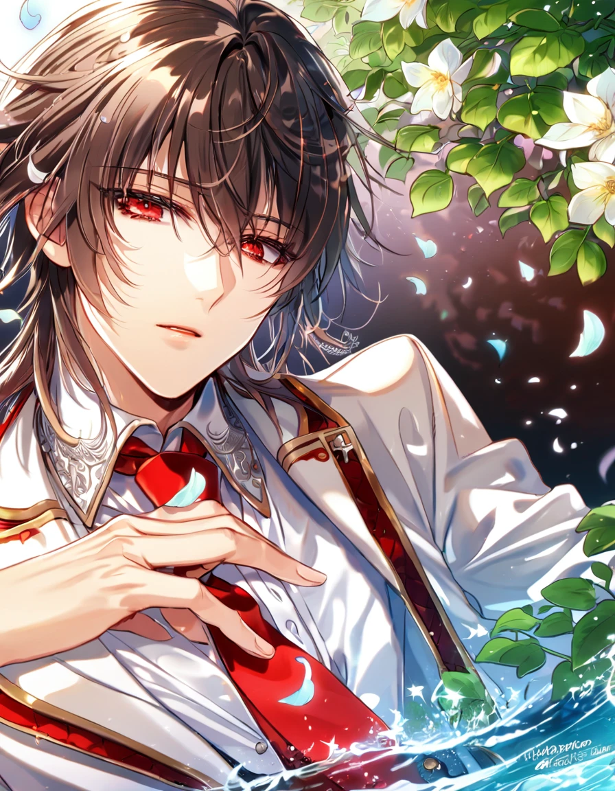 Ultra detailed, HDR, Highres, absurdres, master piece, Kuran Kaname, dark brown hair, expressive red eyes, white jacket with black trimmings, white shirt, red necktie, Vampire Knight, sexy man, handsome, flowers, petals, fantasy, magical, green leaves, summer, handsome, sensual, best quality, glittering, solo, water, cross uniform,