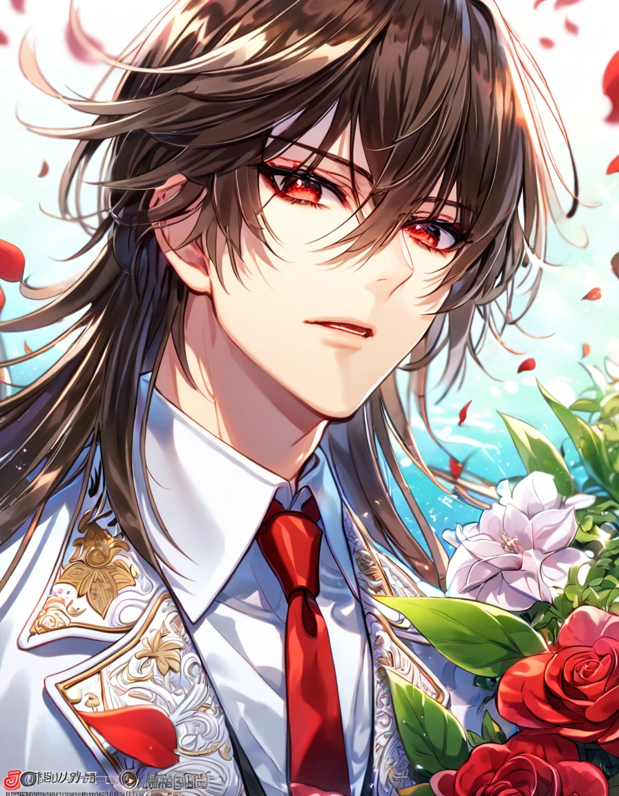 Ultra detailed, HDR, Highres, absurdres, master piece, Kuran Kaname, dark brown hair, expressive red eyes, white jacket with black trimmings, white shirt, red necktie, Vampire Knight, sexy man, handsome, flowers, petals, fantasy, magical, green leaves, summer, handsome, sensual, best quality, glittering, solo, water, cross uniform,