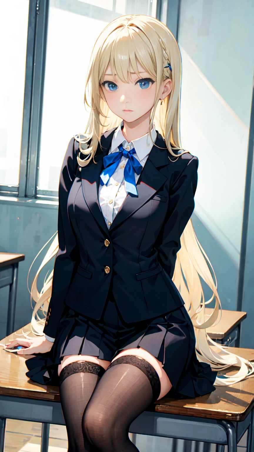 One beautiful woman, Long blonde hair, blue eyes, A blue ribbon in her hair, High School Outfit, Black blazer, Black Skirt, Blue tie, Medium Bust, Wearing thigh-high stockings, In the classroom, Serious expression, High resolution