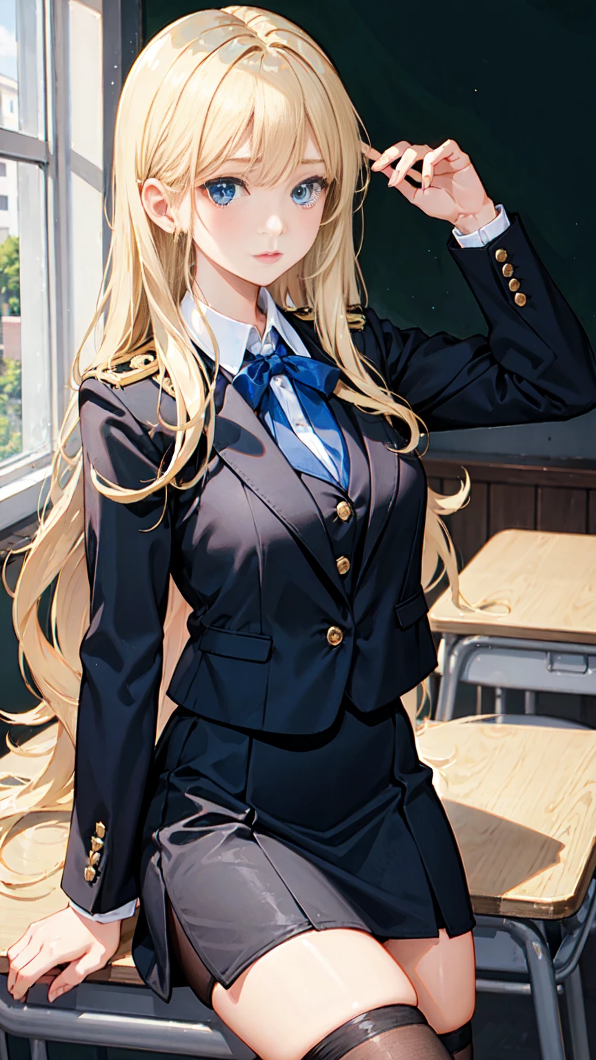 One beautiful woman, Long blonde hair, blue eyes, A blue ribbon in her hair, High School Outfit, Black blazer, Black Skirt, Blue tie, Medium Bust, Wearing thigh-high stockings, In the classroom, Serious expression, High resolution