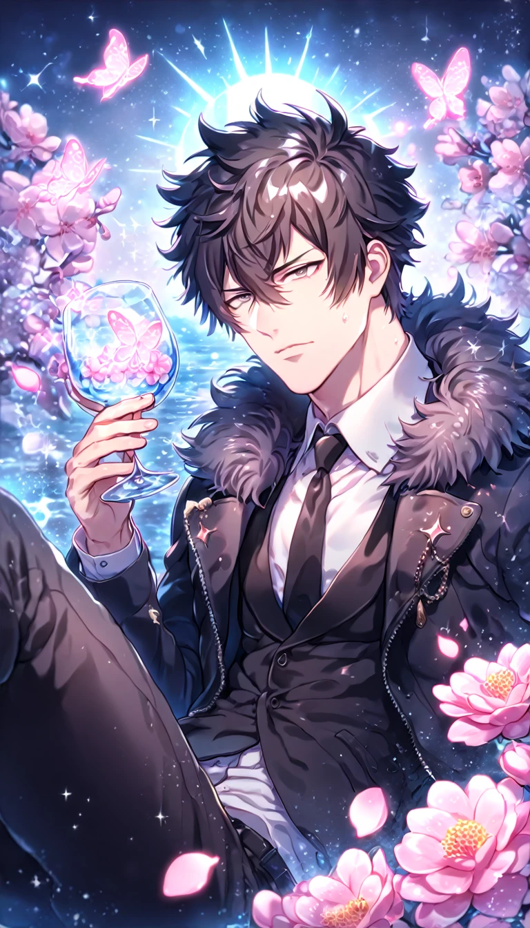 absurdres, highres, ultra detailed, HDR, master piece, best quality, Kougami Shinya, black hair, expressive gray eyes, Psycho Pass, solo, sexy man sitting, handsome, sensual, horny, black coat with fur collar, white shirt, black necktie, black pants, water, fantasy, magical, shining, pink flowers, pink blossoms, pink petals, pink butterflies, sparkling glass, manly man