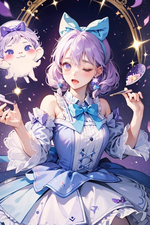 A pale lilac wafer GIRL bear with one eye shut and a big opened mouth. She has a powder blue bow on each ear and violet sprinkles. SPARKLE; GLITTER