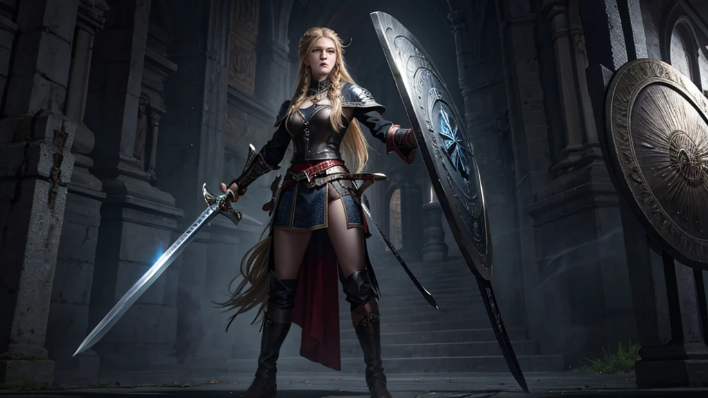 Practical,Viking,1 Girl,blue eyes,Small Breasts,Full body portrait,Blonde Hair,Solitary,Braided Hair,angry,Charge,A sword with a pattern engraved on the right hand,Shield on left arm,