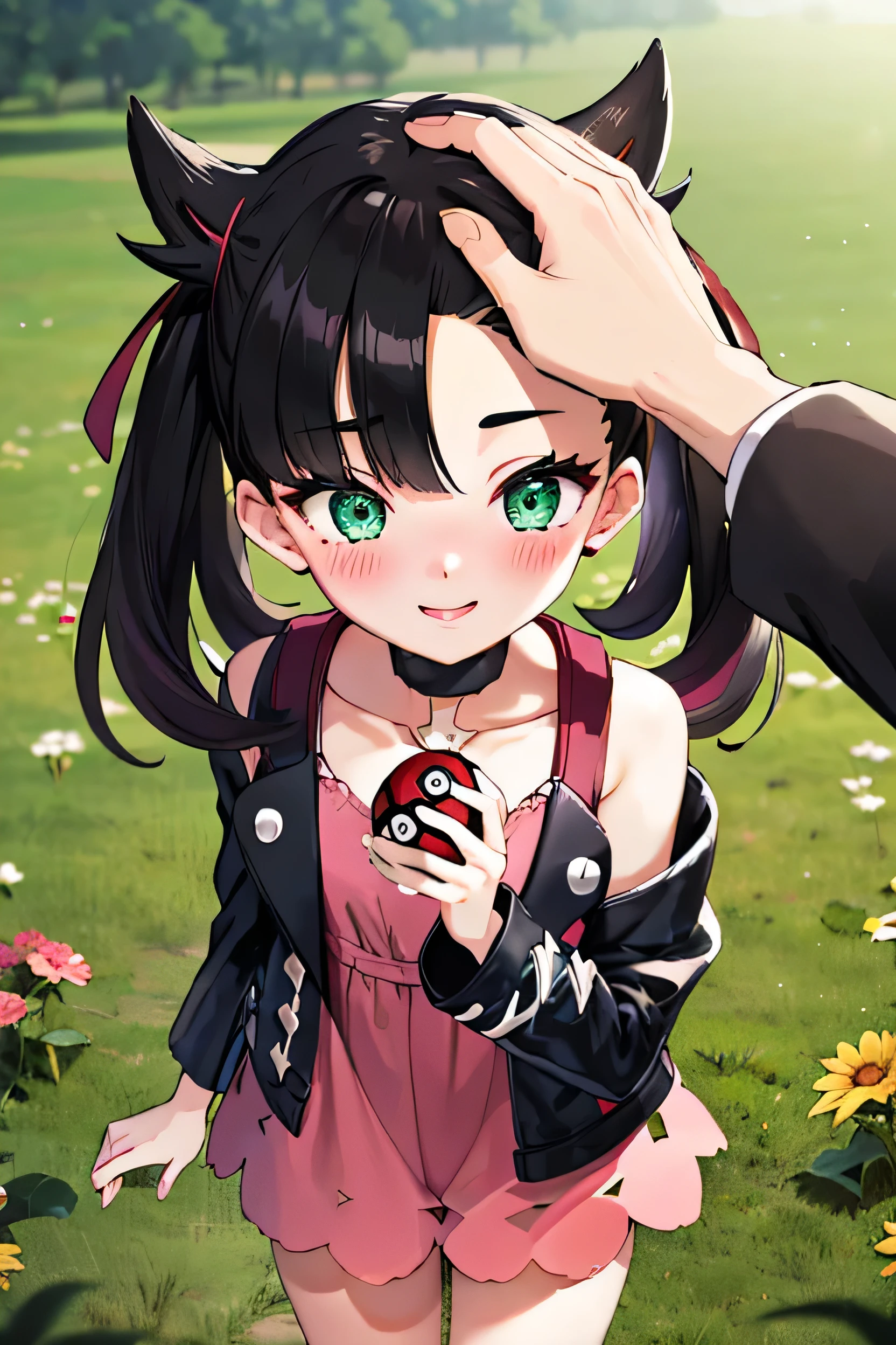 masterpiece, Highest quality, High resolution, Marnie, Aqua Eye, Black choker, Red ribbon, Pink Dress, Exposing shoulders, Pink Panties, I had already finished, jewelry, Black jacket, Open clothes, Long sleeve, Cowboy Shot, Are standing, Field, holding Pokéball, Pokéball \(Basic\), smile, Open your mouth,blush,smile,headpatPOV, throw, headpat, perfectionな指, Ideal hand structure, She is being stroked on the head, She is smiling, (Detailed green eye), Detailed face, ((Blushed)), blush, Make your eyes sparkle, short hair, Lewd face, Anime Style, Soft lighting,  perfection_environment, View from above,