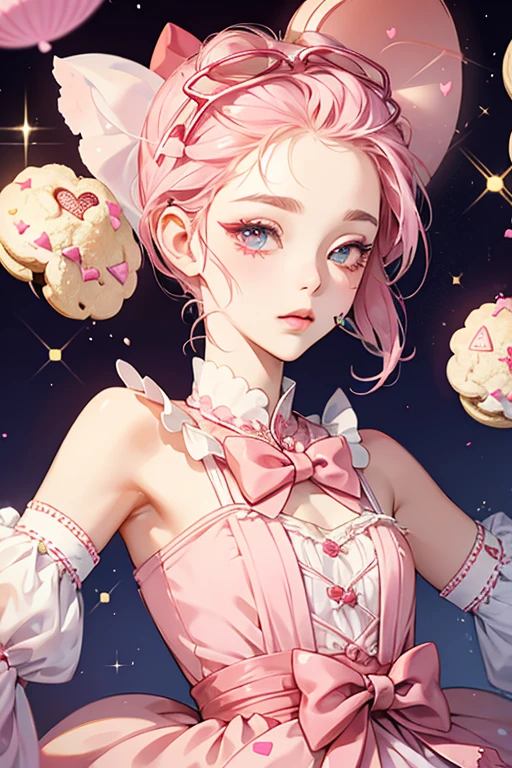 A normal cookie with pearl pink candies and a matching colored kiss on the top of her head, worn wth a red bow. One eye is shut and she has no mouth. SPARKLE; GLITTER