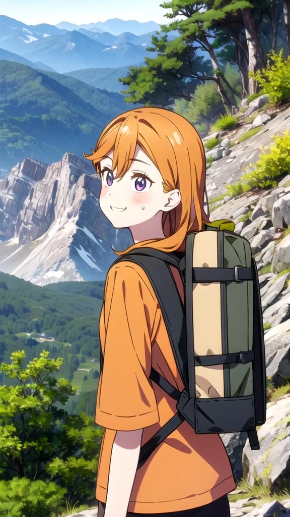 beauty　smile　Embarrassing　blush　Sweat　Orange trekking style　rucksack　Mountaineering　Mountain trail　nature