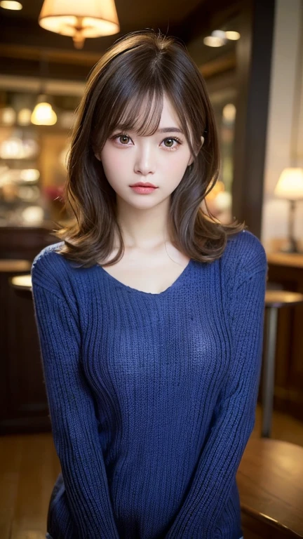 (masterpiece:1.5)、(Realistic:1.5)、(Highest quality:1.4、8k、RAW Photos)、 Ultra-high resolution、Professional Lighting、Perfect dynamic composition、Photo shoot at an antique and stylish cafe、 Film Grain、chromatic aberration、(Bokeh:1.1)、 Frank、Sophisticated、charm、超Realistic、Attention to detail、Golden Ratio、 (1 girl)、Slender girl、繊細でcharm女の子、Cute Woman:1.4、 Serious expression、Looking at the audience、Sculptural installation、Light brown hair、Shiny Hair、Hairstyle: Ponytail、 Realistic looking skin、 Shut your mouth.、Beautiful Eyes、double eyelid、Thin arms、(Wearing a silk party dress:1.3)、Beautiful chest、Sexy chest