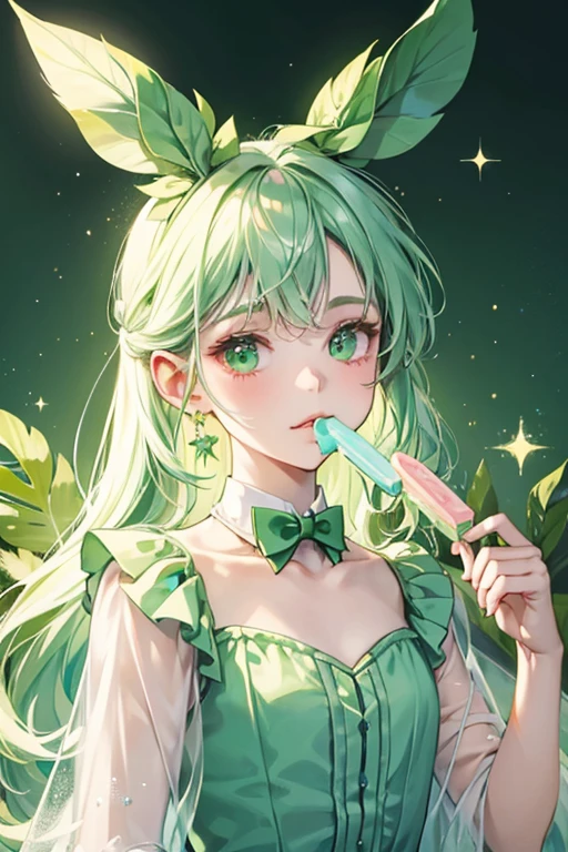 A glittering, pale green GIRL bunny popsicle with two sticks resembling ears and a dark green leafy bow. He has no mouth. SPARKLE; GLITTER