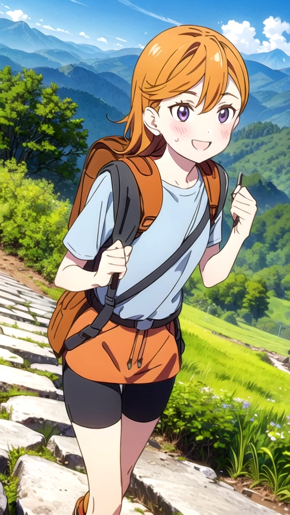 beauty　smile　Embarrassing　blush　Sweat　Orange trekking style　rucksack　Mountaineering　Mountain trail　nature