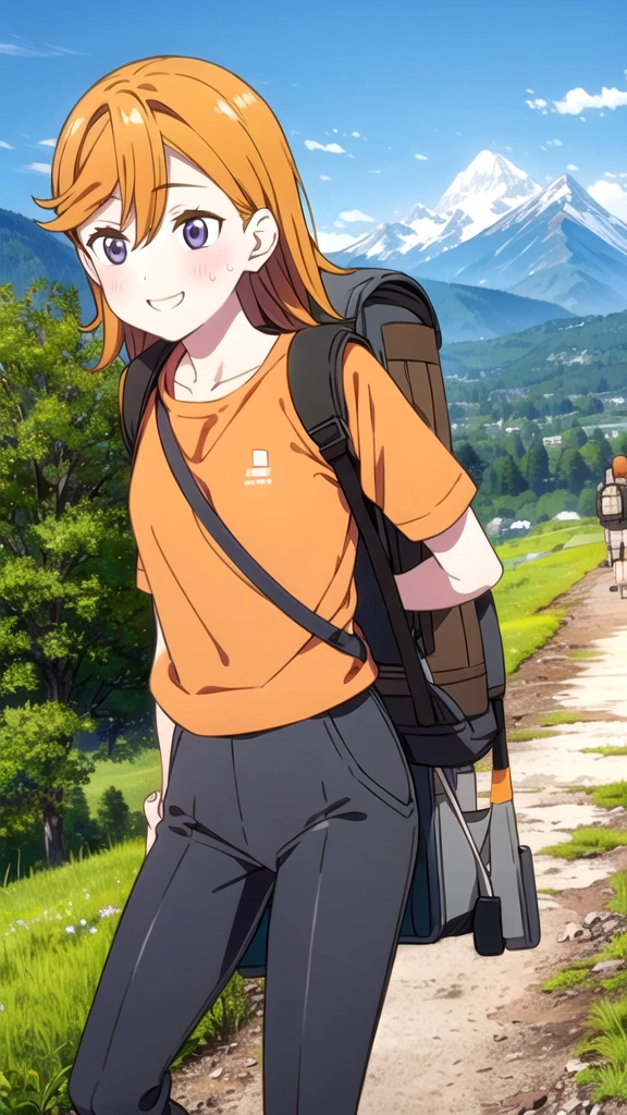 beauty　smile　Embarrassing　blush　Sweat　Orange trekking style　rucksack　Mountaineering　Mountain trail　nature