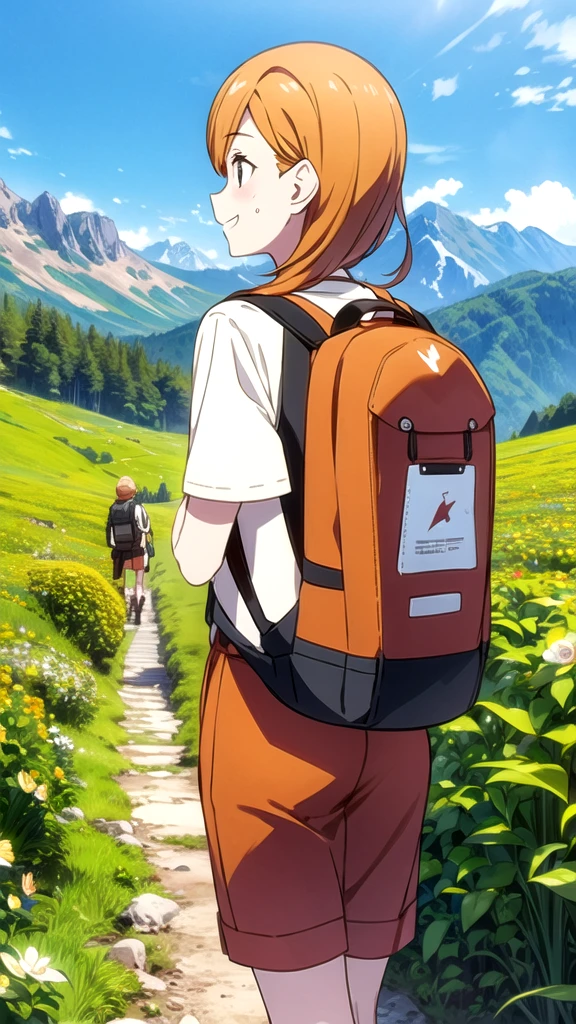 beauty　smile　Embarrassing　blush　Sweat　Orange trekking style　rucksack　Mountaineering　Mountain trail　nature