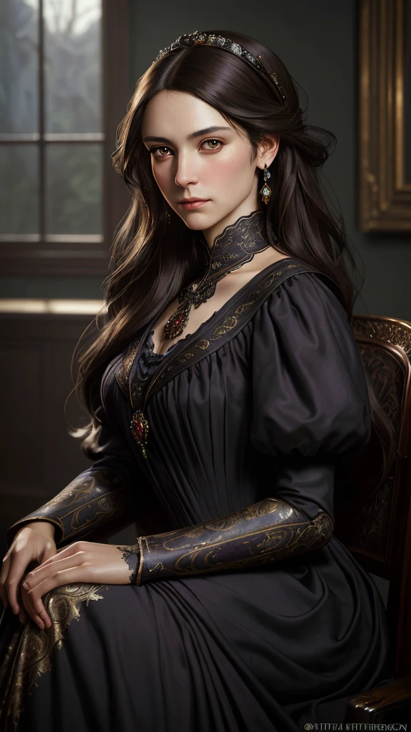 8k portrait of beautiful woman with long dark brown hair, Intricate, elegant, Highly detailed, Majestic, Digital photography, art by artgerm and ruan jia and greg rutkowski modest victorian black dress, violet eyes, smirking slightly expression, (Masterpiece, side-lighting, fine detailed beautiful eyes: 1.2), hdr, unlimited, 