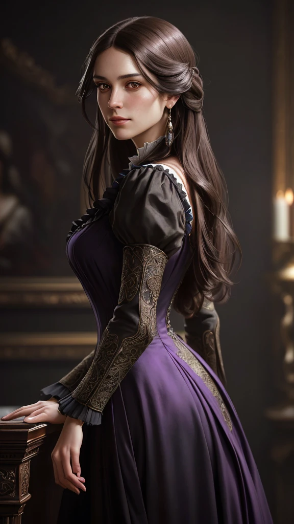 8k portrait of beautiful woman with long dark brown hair, Intricate, elegant, Highly detailed, Majestic, Digital photography, art by artgerm and ruan jia and greg rutkowski modest victorian black dress, violet eyes, smirking slightly expression, (Masterpiece, side-lighting, fine detailed beautiful eyes: 1.2), hdr, unlimited,