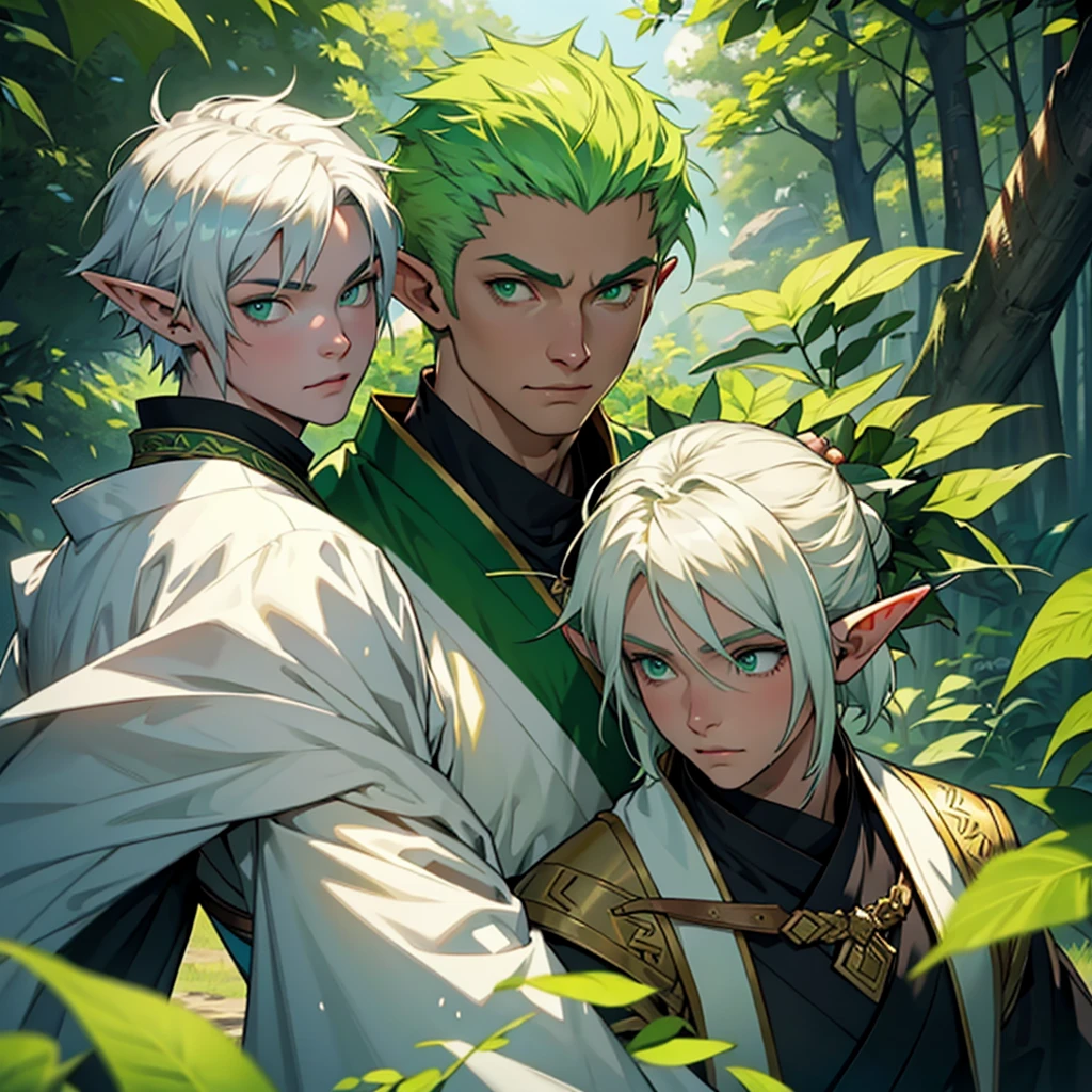 make a boy human with white hair and green eyes wearing a kimono next to an elf girl with green hair and green eyes wearing an archer outfit in a kingdom with dark fantasy aesthetics