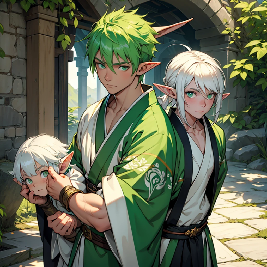 make a boy human with white hair and green eyes wearing a kimono next to an elf girl with green hair and green eyes wearing an archer outfit in a kingdom with dark fantasy aesthetics
