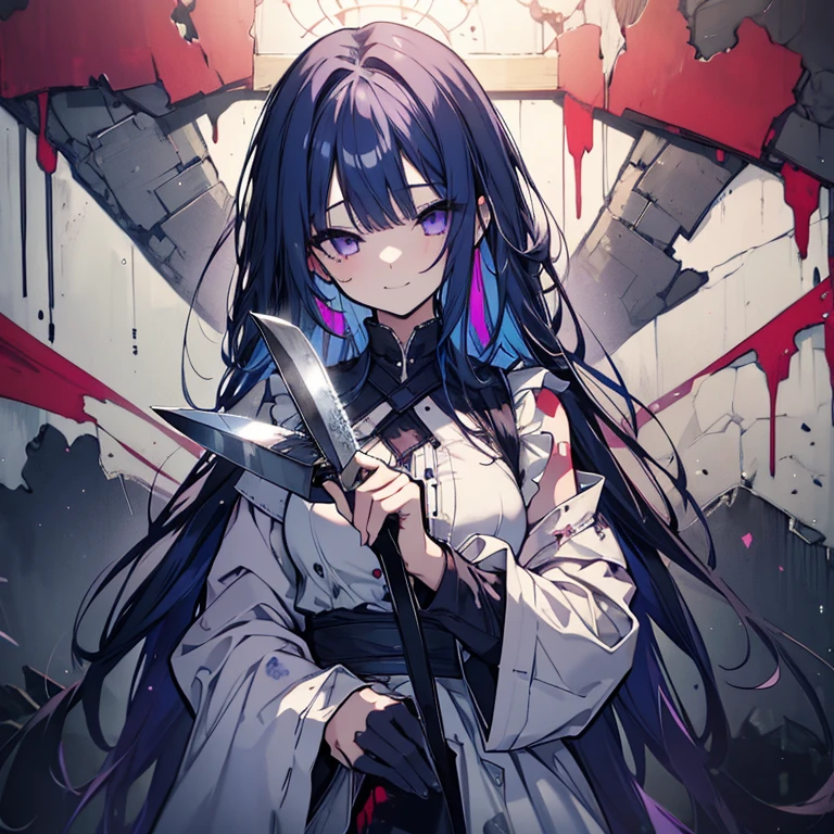 1 girl、Mature、Ample breasts、Long Hair、Navy Blue Hair、Purple Eyes、Straight Hair、Trimmed bangs、A seductive smile、betrayal、Maid clothes、houlder Bare、Abandoned house ､Broken glass、garter、Downtown、dim、sit、Graffiti on the wall、Blood splatter、knife、High resolution、Highest quality