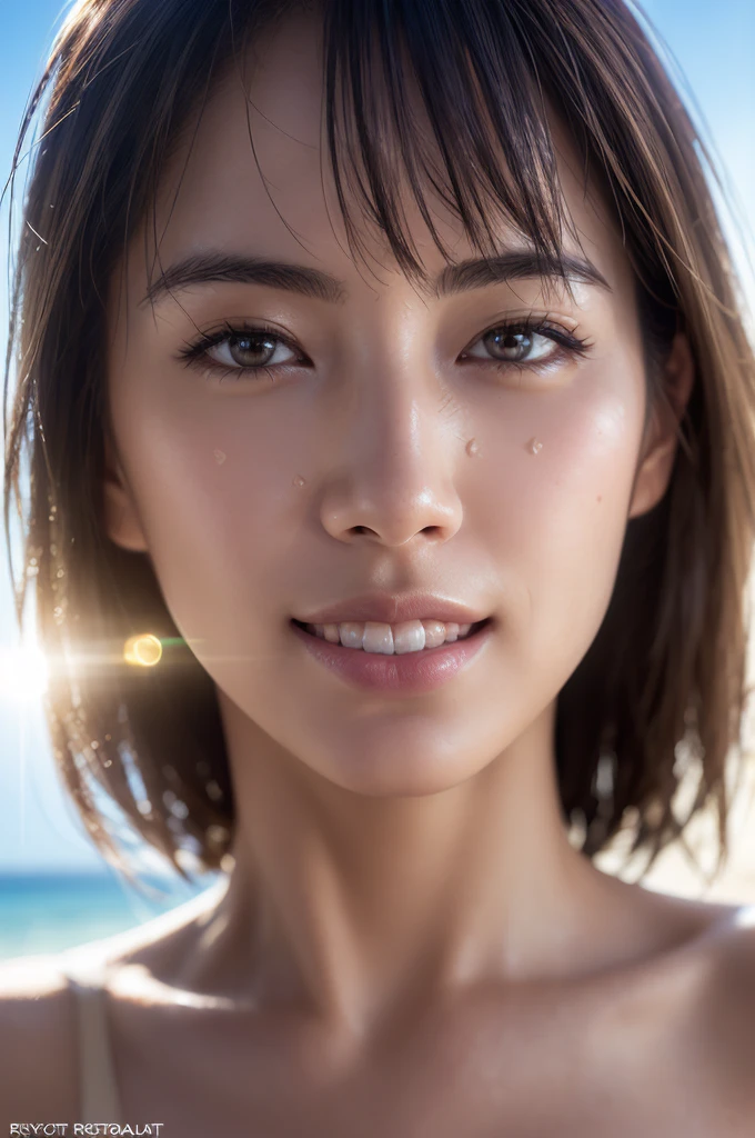 Dressed, (photo Realistic:1.4), (hyper Realistic:1.4), (Realistic:1.3), (Smoother lighting:1.05), (Improving the quality of cinema lighting:0.9), 32K, 1 girl,20-year-old girl, Realistic lighting, Backlight, The light shines on your face, Ray Tracing, (Bright light:1.2), (Improvement of quality:1.4), (Highest quality Realistic textured skin:1.4), Detailed eyes, Detailed face, (Resort Beach), (smile), Face close-up, Sleeveless, (Enhances the body line:1.1), (Enhances the beauty of skin texture:1.1)、Big Breasts、short hair-