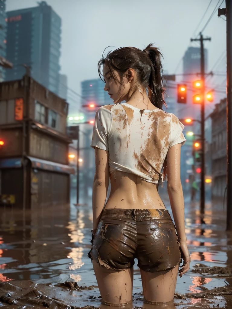 (((best quality))),(((ultra detailed))),(((masterpiece))),illustration,((1 beautiful girl,solo)),(short ponytail:1.2),(((sweat,wet))),((slim,thin)),((bare legs,towering hips,butt crack)),(torn brown tank top:1.3),(torn brown sports pants:1.3),(standing:1.3),(cyberpunk city:1.3),(body soaked In the mud pit:1.3),(summer:1.2),(downpour:1.2), (mud-covered:1.2), street corner, resilience, fierce determination,vibrant colors,(mud splattered:1.3),city chaos,(muck:1.3),(neon lights:1.2),(muddy flooded street:1.3), towering buildings,(pounding rain:1.3), distressed structures,,(night scene:1.3),((from back,upper body))