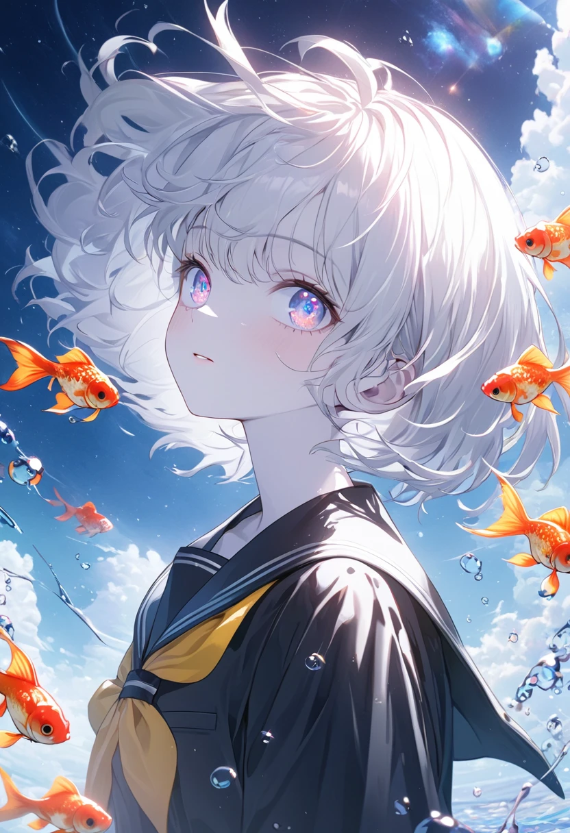 (woman\(student, 15 years old, ＪＫ, short hair, Silver Hair, Floating Hair, Space-colored eyes, Black sailor suit\(Of high school\), Pale skin, Tired face, No shine in the eyes\) Looking up at the sky), (Many goldfish are swimming in the air), Beautiful sky, Beautiful Clouds, Colorful summer flowers are blooming everywhere., (Transparent bubbles shine like prisms here and there in the sky), The midday moon and the midday star shine in the sky, woman is at messy downtown, break ,quality\(8k,非常に精細なCGユニットのwallpaper, masterpiece,High resolution,top-quality,top-quality real texture skin,Surreal,Increase the resolution,RAW Photos,最高quality,Very detailed,wallpaper,Cinema Lighting,Ray-tracing,Golden Ratio\),(Long Shot),Wide Shot,