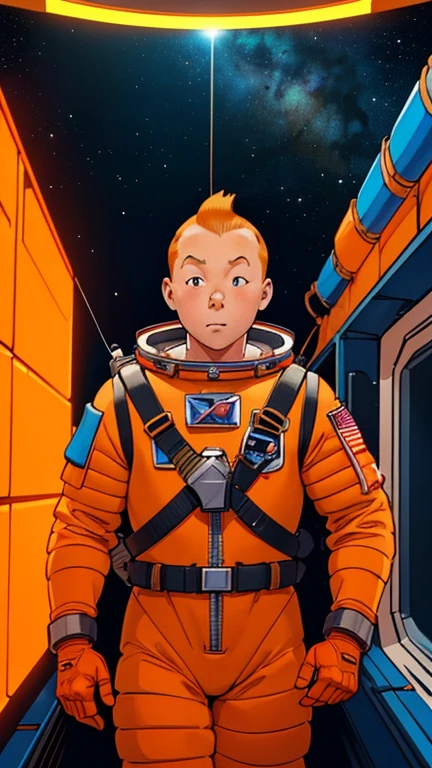 (Teens:1man: Tintin), (extremely detailed CG unit 8k wallpaper),(master part), (best quality), (ultra detali), (best illustration),(80s_animation style), cowboy shot, (Sharp eyeliner, ombre, detailed eyes:1),Dark space station interiors background, ,break , (astronaut in an orange space suit), upper body, short hair, orange hair