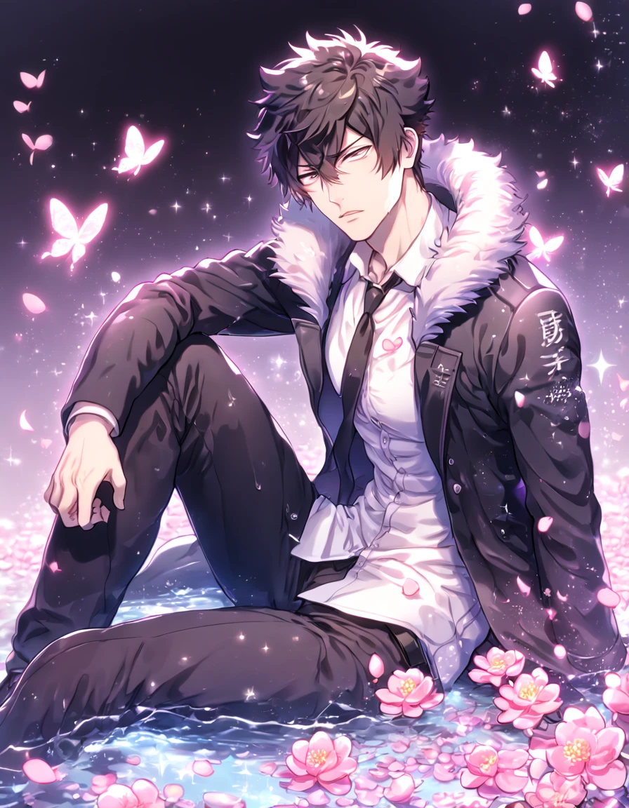 absurdres, highres, ultra detailed, HDR, master piece, best quality, Kougami Shinya, black hair, expressive gray eyes, Psycho Pass, solo, sexy man sitting, handsome, sensual, horny, black coat with fur collar, white shirt, black necktie, black pants, water, fantasy, magical, shining, pink flowers, pink blossoms, pink petals, pink butterflies, sparkling glass, manly man