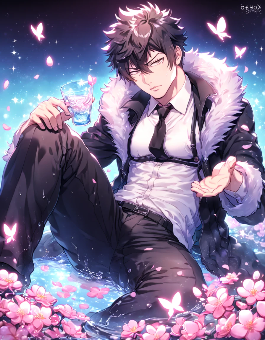 absurdres, highres, ultra detailed, HDR, master piece, best quality, Kougami Shinya, black hair, expressive gray eyes, Psycho Pass, solo, sexy man sitting, handsome, sensual, horny, black coat with fur collar, white shirt, black necktie, black pants, water, fantasy, magical, shining, pink flowers, pink blossoms, pink petals, pink butterflies, sparkling glass, manly man