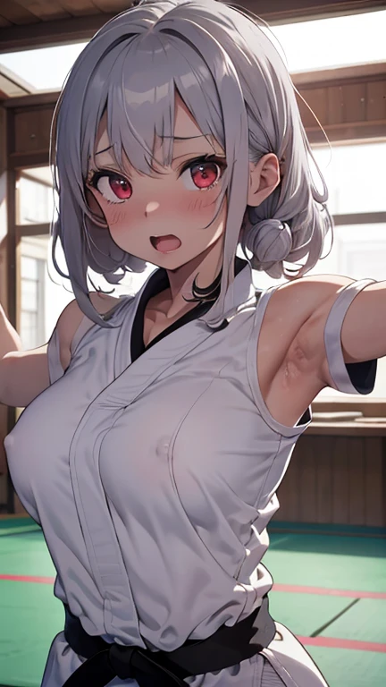 mastute piece,Best Quality,insanely detailed,8k cg,nsfw,
(shoot upper body:1.3),
(1girls:1.3),standing,looking at viewr,body in front,(arms behind back:1.4),(Judo uniform:1.3,doges:1.3),judo:1.3、BREAK,
blush,shy,(ecstasy face),(trembling:1.2),BREAK,(light silver hair:1.3),
BREAK,
perfect breasts,perfect teats,(open mouth:0.9),(large breasts:1.2),
(judo dojo),judo道場、