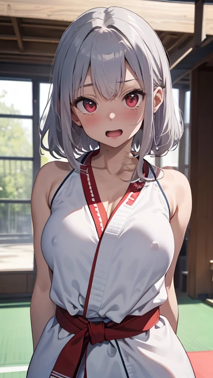 mastute piece,Best Quality,insanely detailed,8k cg,nsfw,
(shoot upper body:1.3),
(1girls:1.3),standing,looking at viewr,body in front,(arms behind back:1.4),(Judo uniform:1.3,doges:1.3),judo:1.3、BREAK,
blush,shy,(ecstasy face),(trembling:1.2),BREAK,(light silver hair:1.3),
BREAK,
perfect breasts,perfect teats,(open mouth:0.9),(large breasts:1.2),
(judo dojo),judo道場、