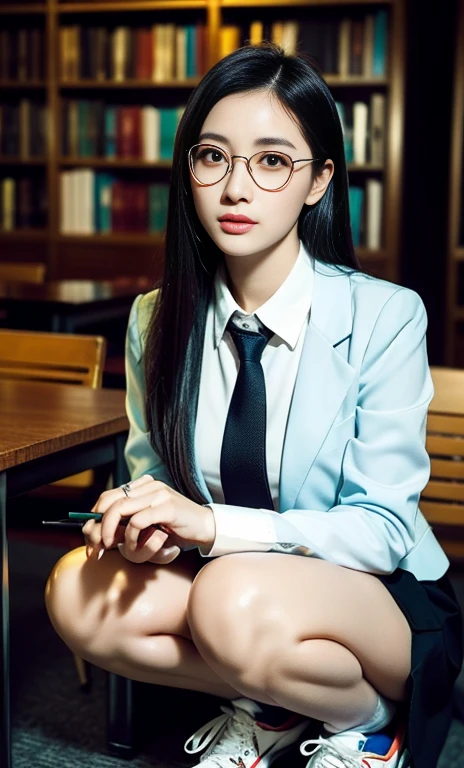 (A gorgeous Chinese lady, age 28, professional lecturer, wearing formal office attire, blazers, sky-blue tie, long-sleeve white shirt with buttons, pencil mini-skirt, ITZY sneakers, squatting in a library,

(fabulous, geeky, feminine, gentle,
friendly, goofy, fascinating, Graceful),

spectacles, #roundeyeware, #glasses, #eyeware, kind smile, dimpled cheeks, cute snaggle-tooth, ponytail, bob hair trimmed, short hair, symmetrical face, beautiful detailed face, bright_and_full_of_warmth_eyes, detailed eyes, ample round bosom, perfect body anatomy,

Award-winning, photorealistic, hyper-realism, high contrast, ultra HD, realistic skin textures, top image quality, top-quality, super high resolution, fine details, very meticulously, Vivid Colours, masterpiece, High angle shot, full body shot, cowboy shot, positive affirmation, serene ambience, bokeh night background, SFW)