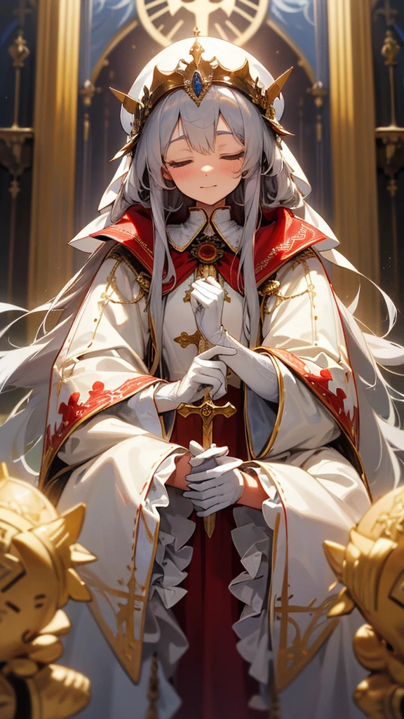 in front of the altar of a majestic church, casting judgement with magic, her voice echoing beautifully. Magic gathers around her, enveloping her in a holy aura as she chants, girl with long silver hair, Classic White Wedding Dresses、long white embroidered gloves, pope's clothing and hat, long hair, ceremonial robes, mass vestments, enormous puffy sleeves, long cuffs with many buttons, golden embroidery, cross details, Long Train, lots of frills and lace, red capes, gently reaches out to you, gentle smile