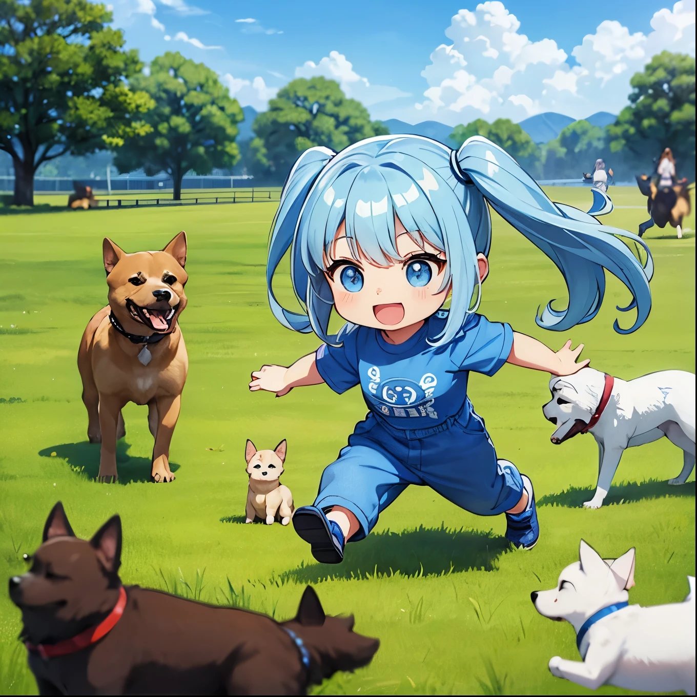 Light blue long hair、Cute chibi girl with twin tails、T-shirt and denim jumpsuit、Bright smile、Lots of dogs、Lots of dogs、blue sky、Lots of dogs、Dog running on the grass