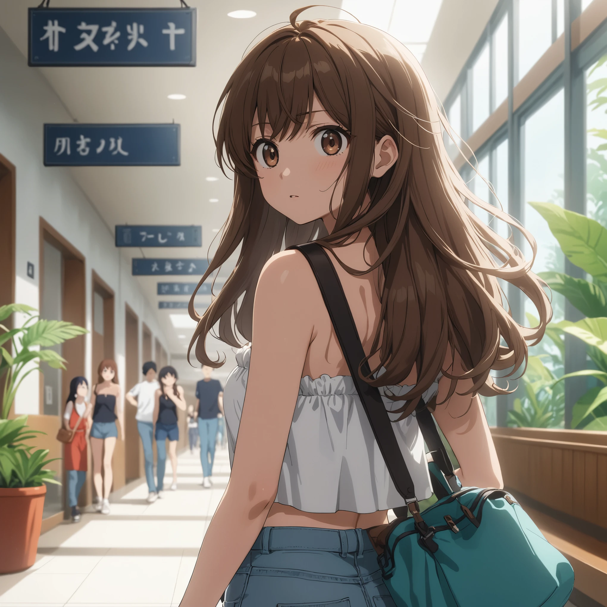 Best quality, masterpiece, stoic girl, from behind, very long hair, brown hair swept bangs and brown eyes, strapless sleeveless white shirt with black string, jeans, teal satchel, sneakers, anime cartoon, tropical plants, hallway, lockers, balcony, people in background 