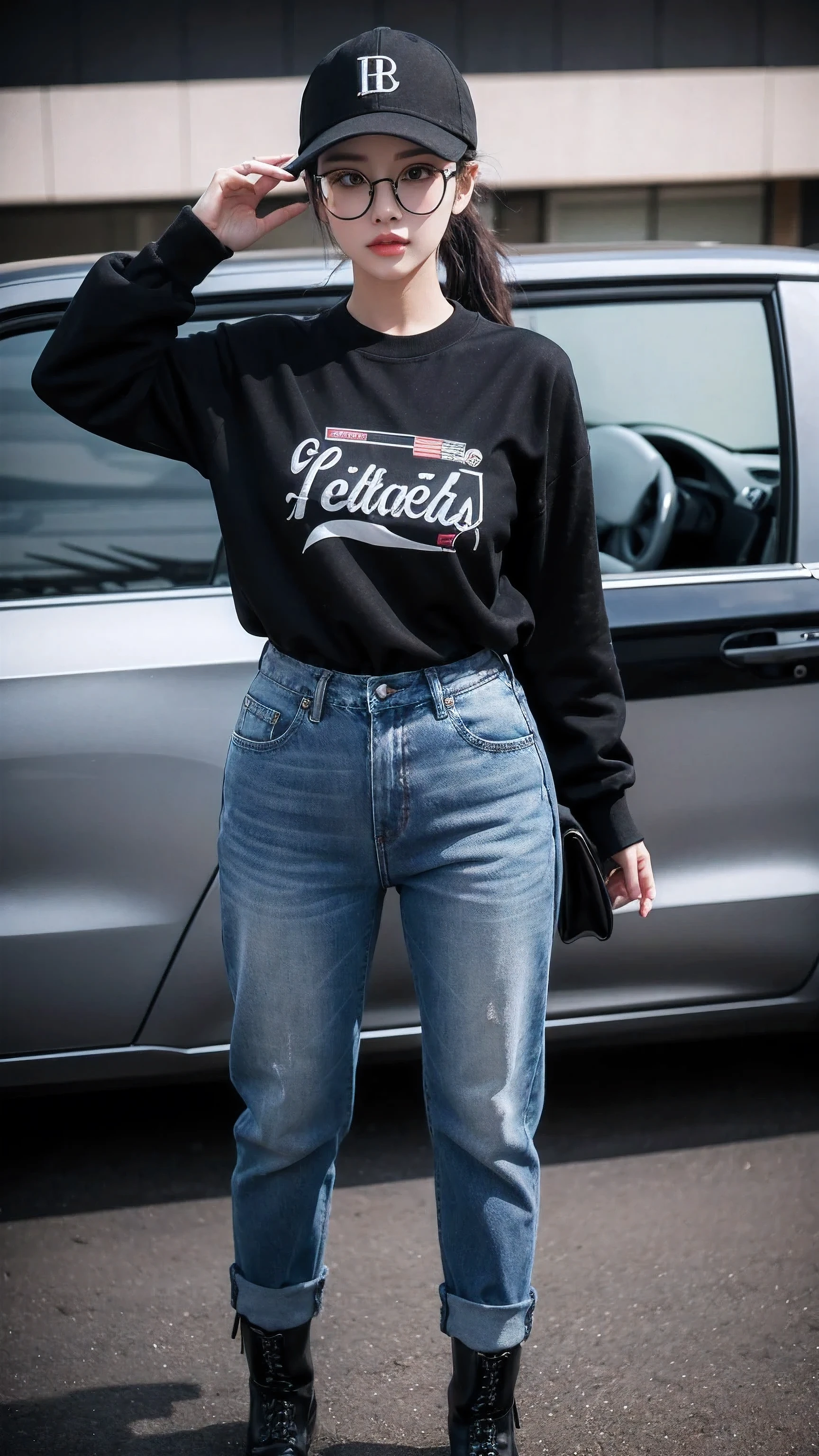 Girl,sexy,cute,ponytail hair,wearong black baseball cap,wearing aviation jumper,Jeans,wearing black boots, wearing black round glasses