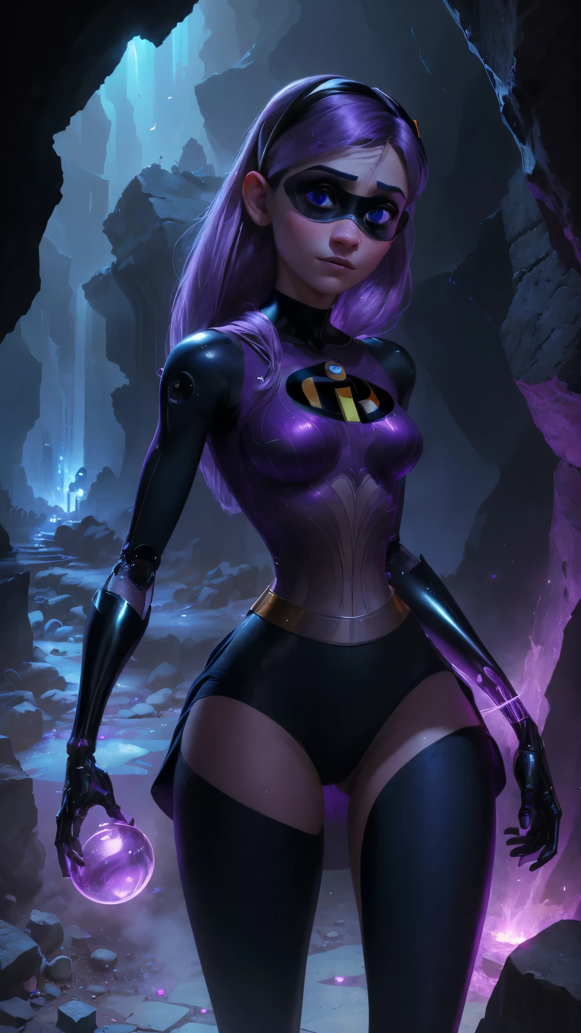 (La Best Quality,A high resolution,Ultra - detailed,actual),Ariana Grande es Violet Parr - The Incredibles -,(medias violet brillantes/ Violet Parr - The Incredibles :1.4), pink crop top, (domino mask:1.4), (white gray hair :1.4), (skirt lifted by itself: 1.1), (skirt lift: 1.3), (showing white panties: 1.3), ,(Ruined dungeon ruins cave cavern large stones background :1.4 ), More detailed 8K.unreal engine:1.4,UHD,La Best Quality:1.4, photorealistic:1.4, skin texture:1.4, masterpiece:1.8,first work, Best Quality,object object], (detailed face features:1.3),(The correct proportions),(Beautiful blue eyes),  (cowboy pose:1.4 ), (Ariana Grande :1.4), high quality, (RAW photo, best quality), (realistic, photorealistic: 1.4), (extremely delicate and beautiful: 1.4), amazing, fine details, masterpiece, ultra detailed, high resolution, best illustration, best shadow, intricate, ( extremely intricate: 1.2), (exquisitely detailed skin), cinematic light, perfect anatomy, (cool color: 1.4), sharp focus, 8k UHD, DSLR, (Fujifilm XT3),Epic Fantasy Art Style HD, 4K fantasy art, epic fantasy digital art style, epic fantasy art style, Fantasy Woman, epic fantasy art portrait, Epic fantasy style, hyperrealistic fantasy art, hd fantasy art, Epic fantasy character art, epic fantasy art, in style of dark fantasy art, epic fantasy digital art, (Violet Parr - The Incredibles :1.4), (Violet Parr V2.1),( face detailed :1.4), (anatomía perfecta :1.4), (iluminación cinematográfica :1.4), (cyborg plastic transparent BodySuit :1.4), (pose vaquero :1.4) 