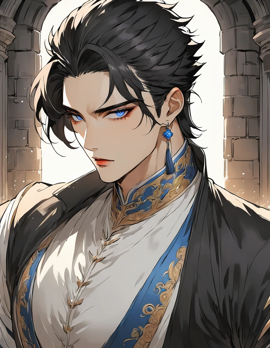 handsome man wearing fancy clothes, portrait, manhwa style, black undercut hair, blue eyes, cool, manhwa style, lighting, in castle