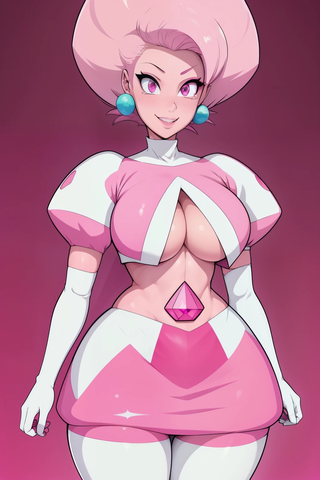 pnkdamond, pink hair, pink eyes, long hair, stomach gem, pink skin, toned,
puffy short sleeves, elbow gloves , white thighs, Puffy dress,
standing, Upper part of the body,
outer space,
(incredibly detailed, beautiful detailed face,Beautiful detailed eyes, Masterpiece, Best Quality) cinematic lighting, SMILE,
