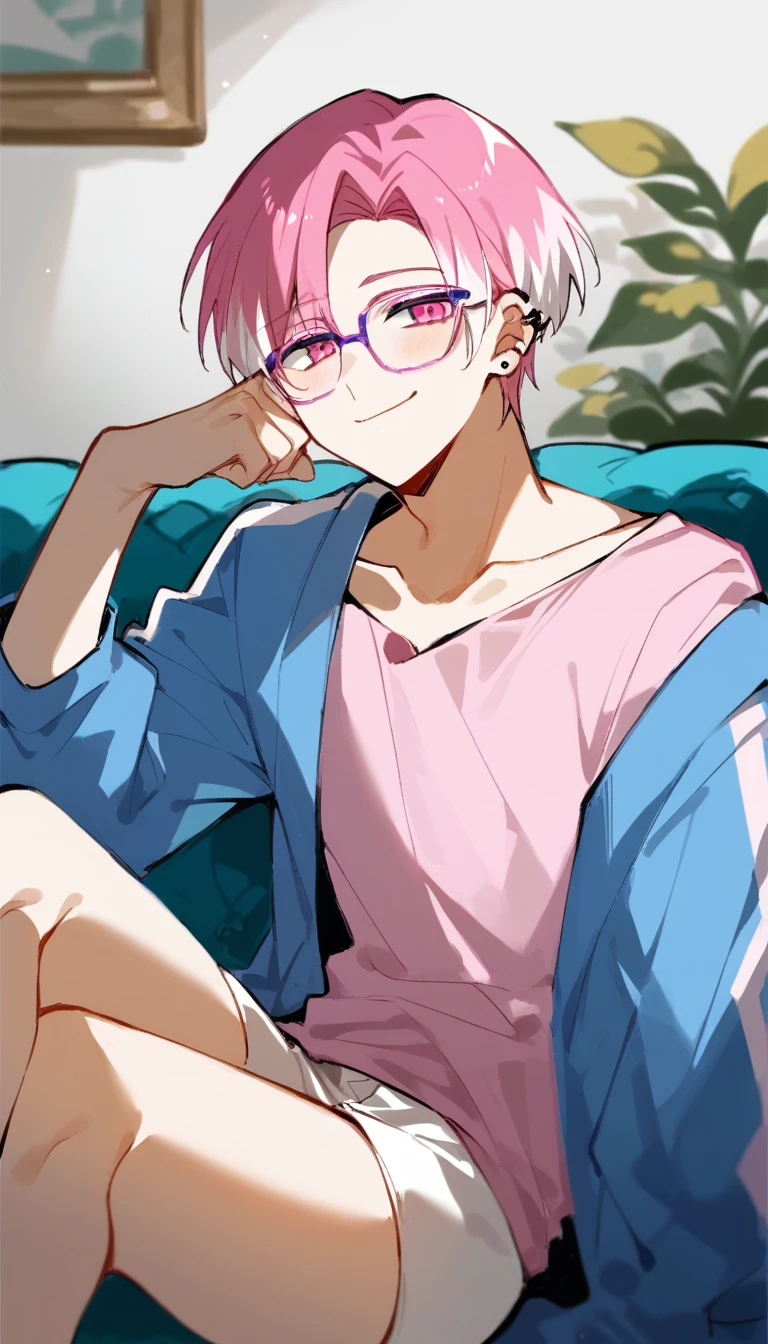 a young man with medium pink hair and some white highlights, UP TO THE NECK, piercings na orelha, hot pink eyes, short clothing. your chin rests under your hands in a perverted way. the pink, red and orange are colors present in her sexy and short outfit, next to clear and purple glasses. He smiles mischievously and seductively, sitting on the big sofa with elbow on the arm of the sofa. femboy, 精致的面容. white short shorts, short pink blouse, open blue jacket. sexy boy. detailled image, HD. cute smile. clear living room, comfortable environment, sofá fofthe pink pastel, sitting not sofa