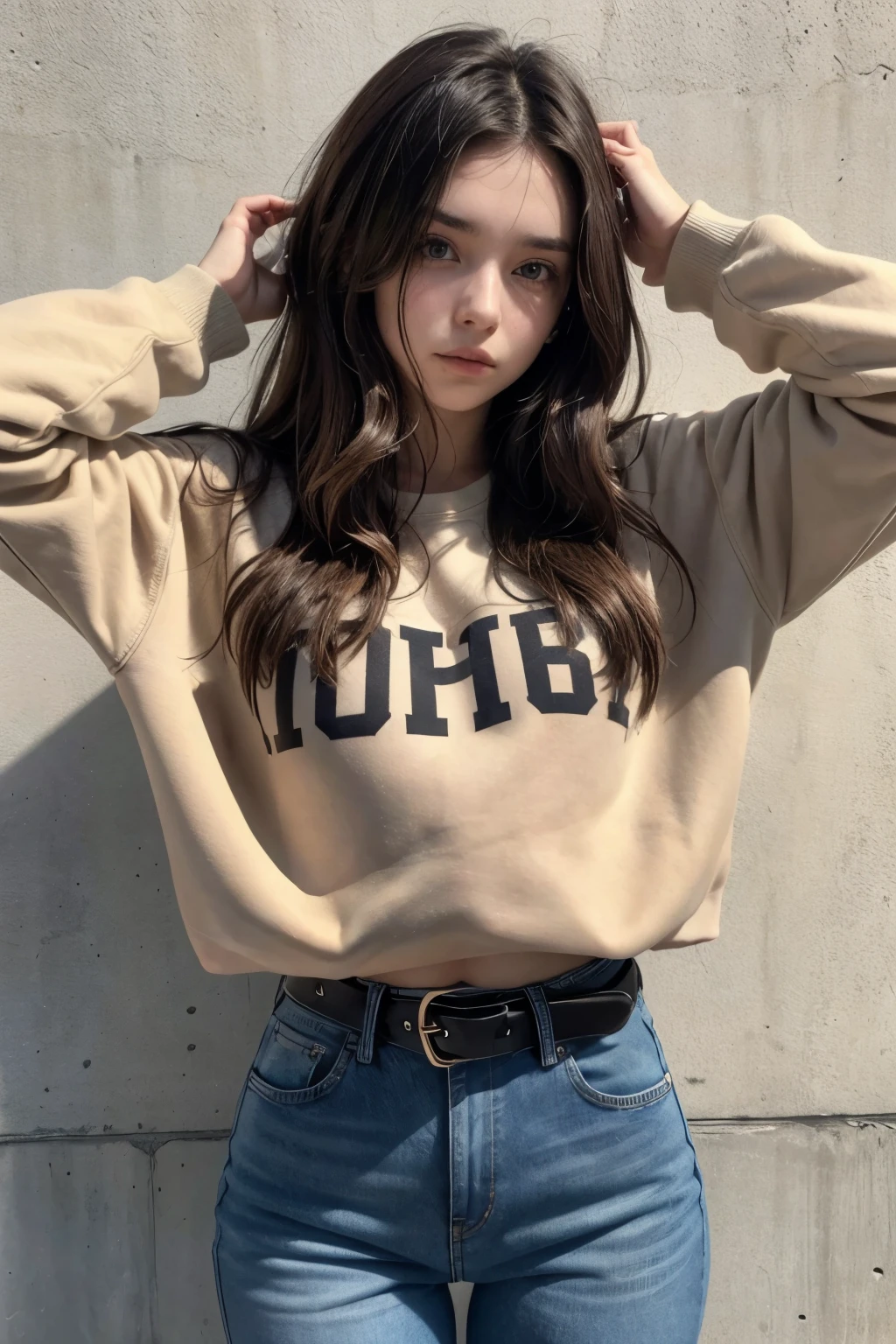 Beautiful 20-year-old brunette girl wearing a sweatshirt and high-waisted jeans and wearing a black belt with her hand on her head
