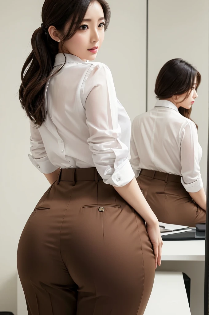 An office lady wearing a white shirt and brown suit pants、(Plump butt)、Rear view、(((Highest quality, masterpiece))), (((Very detailed)))