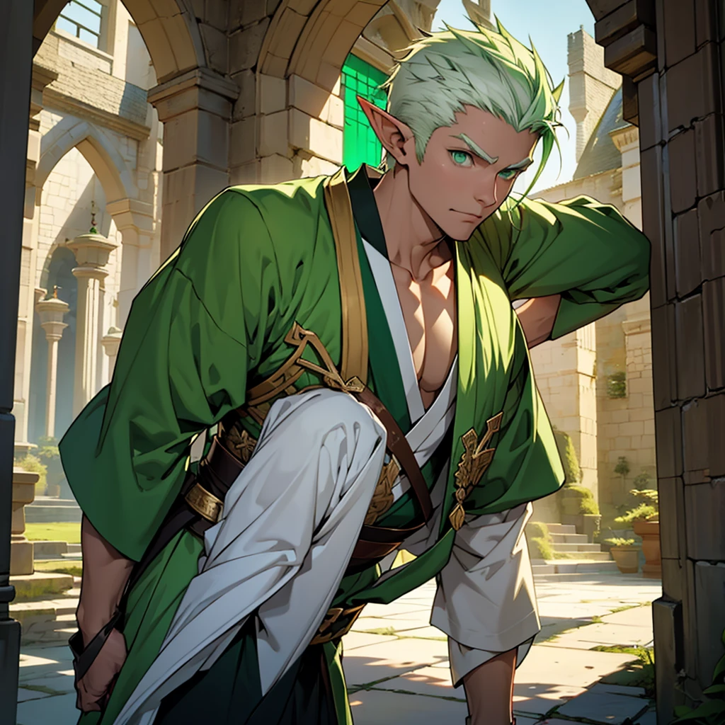 make a boy human with white hair and green eyes wearing a kimono next to an elf girl with green hair and green eyes wearing an archer outfit in a castle with dark fantasy aesthetics 