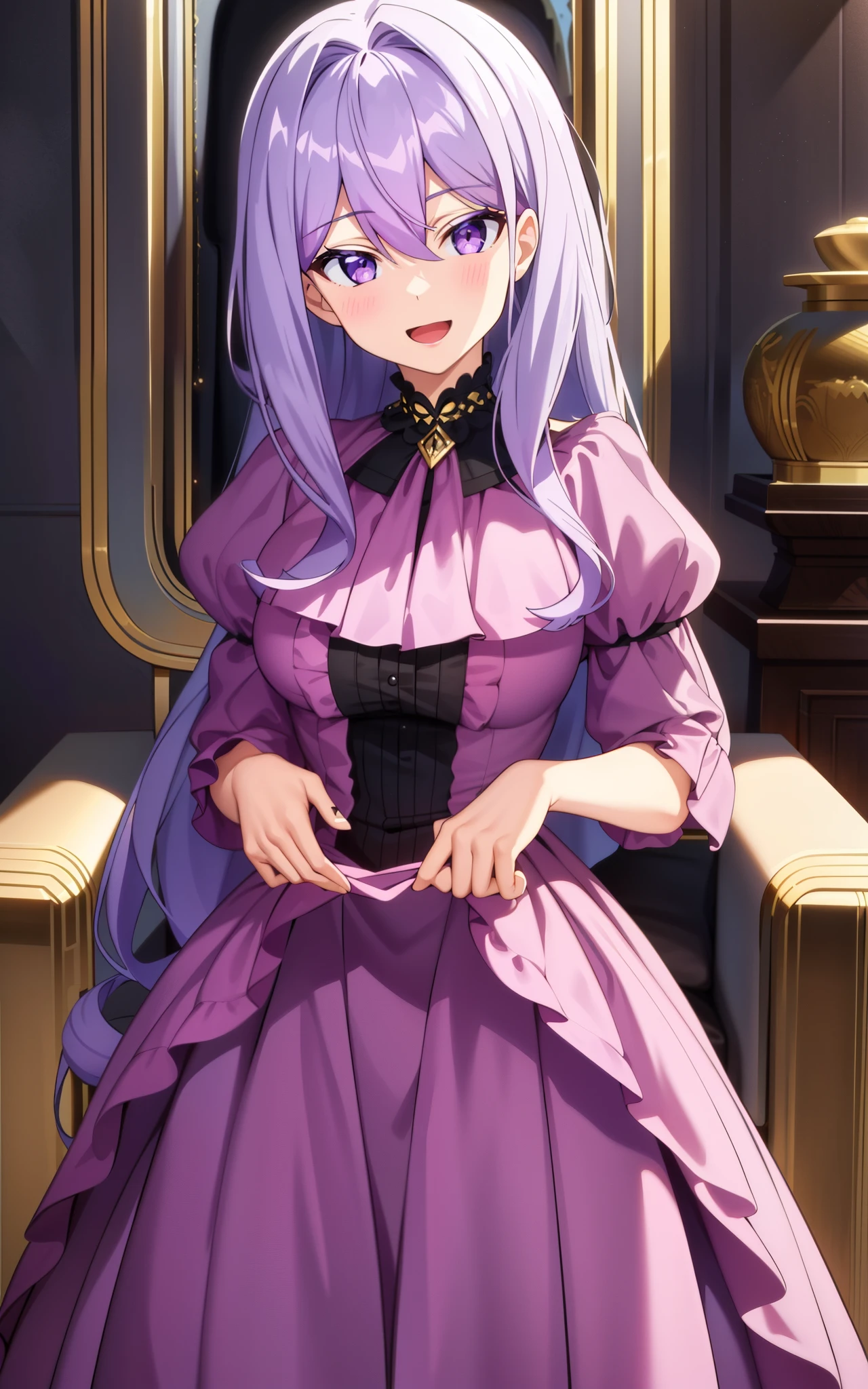 (masterpiece), best quality, intricate details, ultra details, ultra quality, rule of third, (looking at viewer), detailed face, detailed iris, glossy lips, 1girl, solo, long hair, purple eyes, hair between eyes, purple hair, hair intakes, bangs, :D, full body adult, large_breast, pink dress, inside, royal banquet, curtsey, big_breast, perfect_body