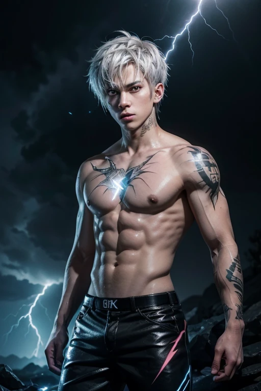 An anime boy with short spiky silver hair and mysterious glowing RGB eyes with lightning bolts coming out of nowhere and black lightning tattoos on his body