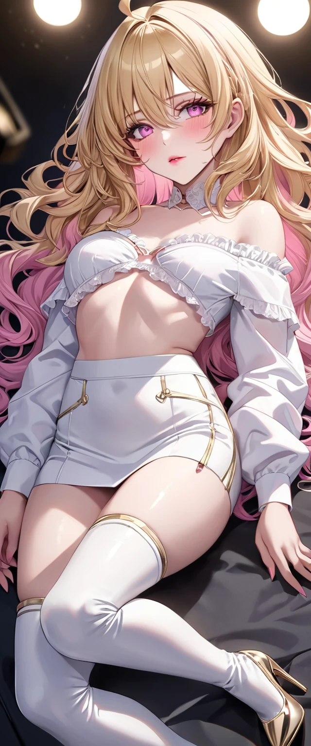 nsfw, (Perfect Anatomy)、Mastepiece、Ultra High Quality、 8k、masterpiece、Highest quality、Ultra-high resolution、Maximum resolution、Very detailed、Professional Lighting、anime、woman、thin、Very beautiful face、Very beautiful eyes、(Highly detailed eye)、Highly detailed face、Blonde, (ahoge), wavy hair, Pink eyes, (gold hair random dip-dye hair), stomach cutout, thigh boots, high heels, white mini pencil skirt, white off shoulder, makeup, eyeliner, eye shadow, pink cheek, pink lips, full body, knees together feet apart