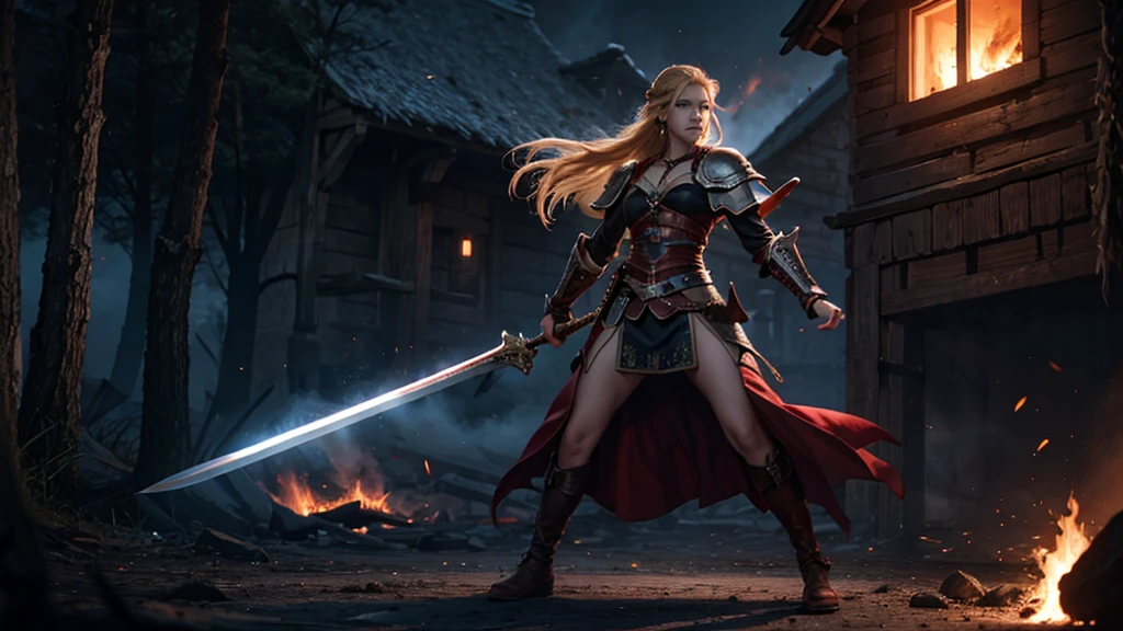 Practical,Burning village,night,Viking,1 Girl,blue eyes,Large Breasts,Full body portrait,Blonde Hair,Solitary,Braided Hair,angry,Charge,A sword with a pattern engraved on the right hand,Shield on left arm,Medium distance photography