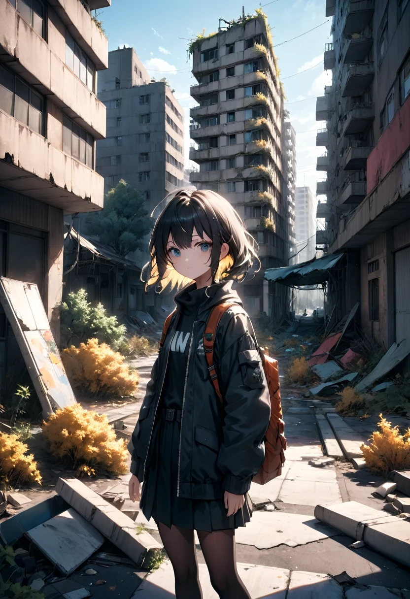 1 girl, post-apocalyptic desert, Post-apocalyptic cityscape. collapsed skyscrapers and destroyed houses, abandoned playgrounds, trees and plants growing on the sidewalk, photorrealistic, Intricately detailed architecture, Unripe, blackw, dynamic volumetric lighting and color, 8K resolution, fall, inverno nuclear.