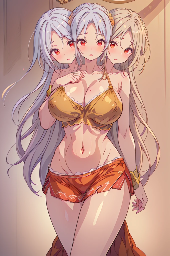 (masterpiece, best quality), best quality, (ultra-detailed), ((3heads:1.5)), 1girl, (nemuno sakata:1.3), masterpiece, best quality, ultra detail, ultra resolution, ultra detail, yellow/gold and orange top, crop top, ((stomach)), midriff, ((groin)), red skirt, normal ears, , waist-length grey hair, very long hair, wavy hair, sidelocks, red eyes, very detailed eyes, parted lips, sweat, cute, open belly, toned belly, selnder waist, hand on own chest, eyelashes, (24 year old woman:1.3), (masterpiece:1.5), (best quality:1.5), (beautiful detailed extremely detailed CG, extremely delicate and beautiful, depth of field, (finely detailed face), (perfect details:1.2), (mature female:1.4), wide pelvis, slender, large veiny breast, 16k resolution, highres, very high quality, very high definition, extremely detailed, masterpiece, waist-length grey hair, long hair, alluring presence, braid, short skirt, close up, very big tits, huge tits, young, girl with three heads, three headed girl,
