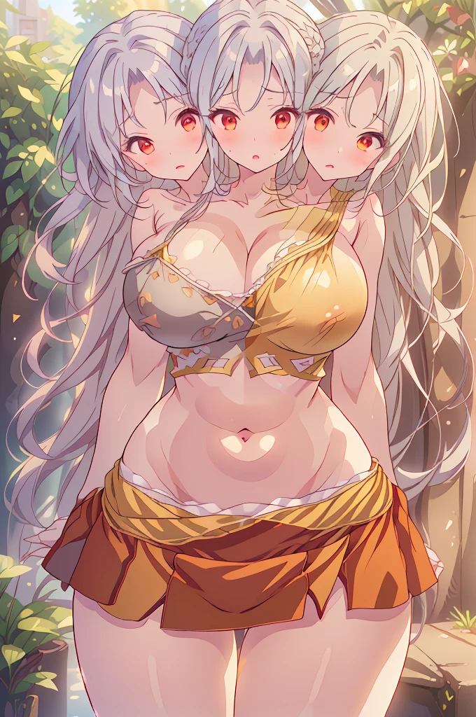 (masterpiece, best quality), best quality, (ultra-detailed), ((3heads:1.5)), 1girl, (nemuno sakata:1.3), masterpiece, best quality, ultra detail, ultra resolution, ultra detail, yellow/gold and orange top, crop top, ((stomach)), midriff, ((groin)), red skirt, normal ears, shackles, waist-length grey hair, very long hair, wavy hair, sidelocks, red eyes, very detailed eyes, parted lips, sweat, cute, open belly, toned belly, selnder waist, hand on own chest, eyelashes, (24 year old woman:1.3), (masterpiece:1.5), (best quality:1.5), (beautiful detailed extremely detailed CG, extremely delicate and beautiful, depth of field, (finely detailed face), (perfect details:1.2), (mature female:1.4), slim body, sexy body,  slender, large veiny breast, 16k resolution, highres, very high quality, very high definition, extremely detailed, masterpiece, waist-length grey hair, long hair, alluring presence, braid, short skirt, close up, very big tits, huge tits, young, girl with three heads, three headed girl,
