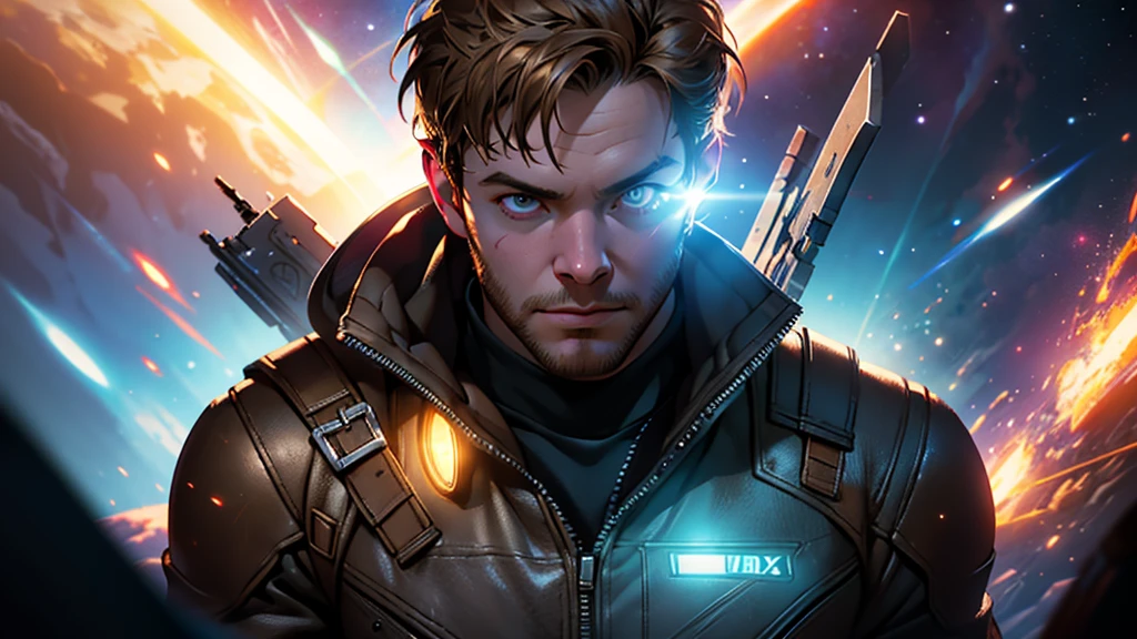 scene from the film, Star Lord da Marvel em close-up, Distorted Space, Distorted undead in the background, lens flares, light axes, details Intricate, highy detailed, volumetric lighting, 4k rendering, photoshot, hyperrealisti, lifelike textures, dramatic lighting, engine unreal