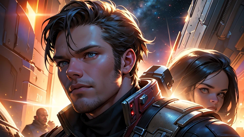 scene from the film, Star Lord da Marvel em close-up, Distorted Space, Distorted undead in the background, lens flares, light axes, details Intricate, highy detailed, volumetric lighting, 4k rendering, photoshot, hyperrealisti, lifelike textures, dramatic lighting, engine unreal