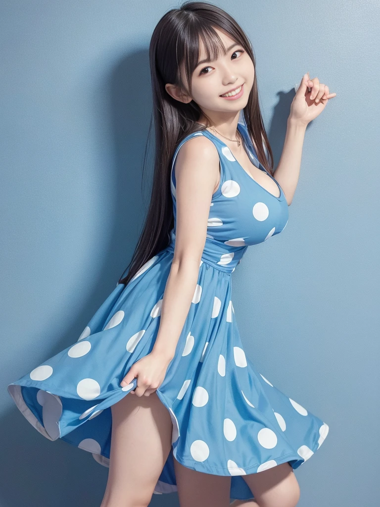 Japanese women, (Underweight), (Highest quality:1.5), (Bright smile:1.3),(Big Breasts:1.3)
, fun, walk, Long Hair, (A sleeveless dress with small blue round polka dots), Bright atmosphere, Full Body Shot, Low angle shot